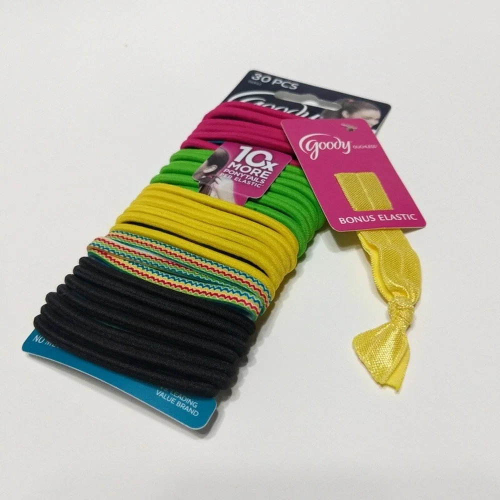 Goody Ouchless Hair Ties 30 PCS Black Pink Green w/ Yellow Ribbon Elastic